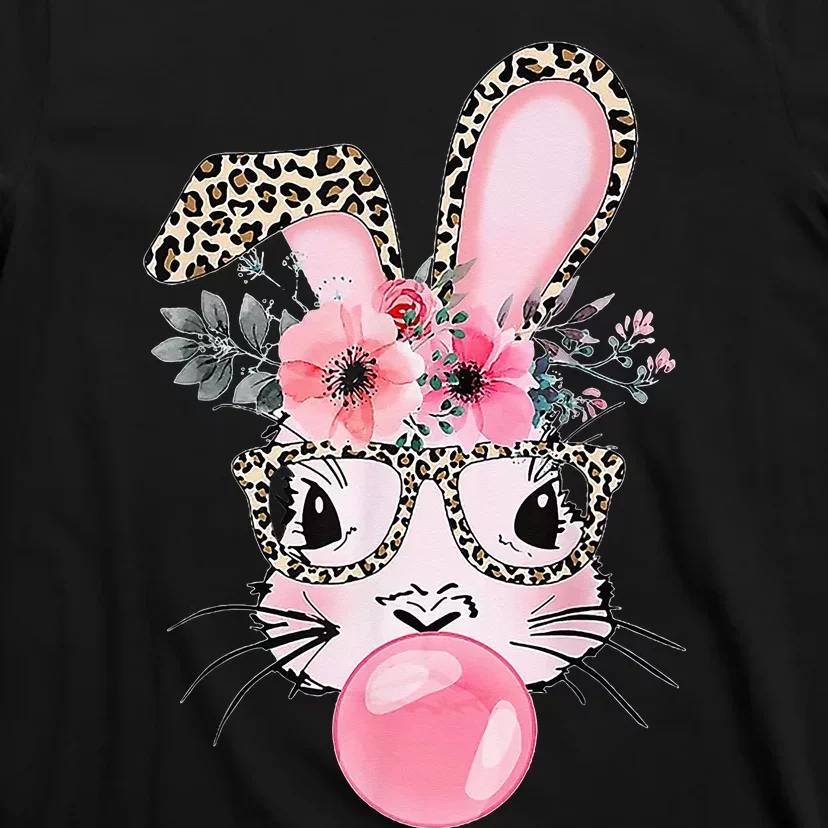 Cute Bunny With Leopard Glasses Bubblegum Easter Day Gifts T-Shirt