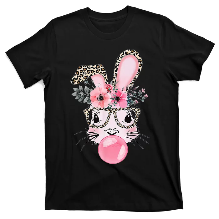 Cute Bunny With Leopard Glasses Bubblegum Easter Day Gifts T-Shirt