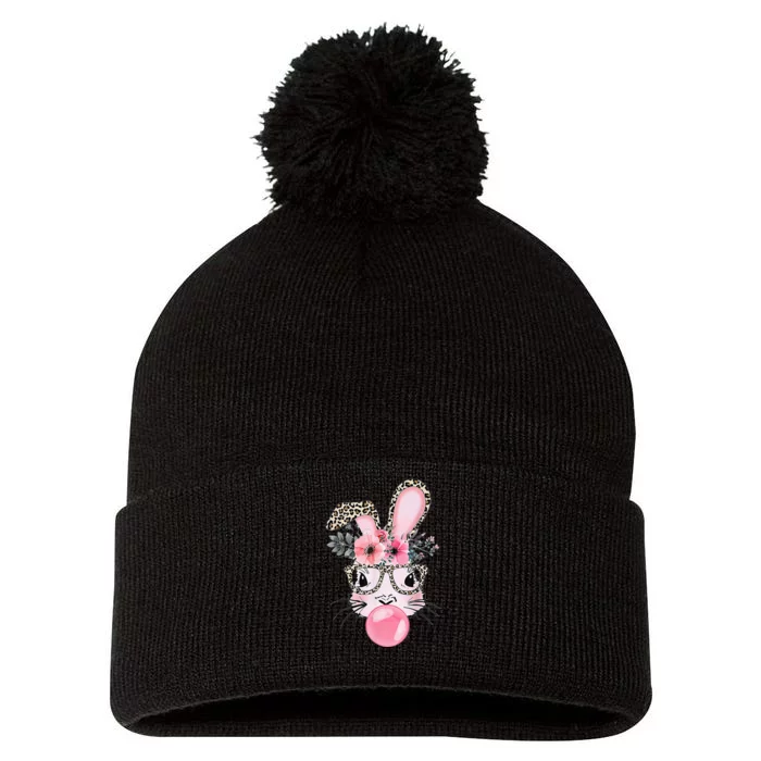 Cute Bunny With Leopard Glasses Bubblegum Easter Day Gifts Pom Pom 12in Knit Beanie