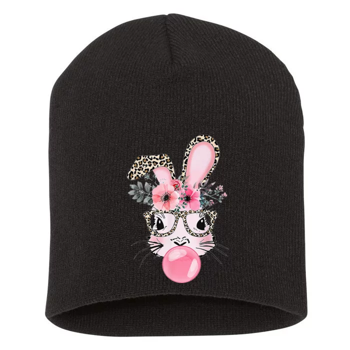 Cute Bunny With Leopard Glasses Bubblegum Easter Day Gifts Short Acrylic Beanie