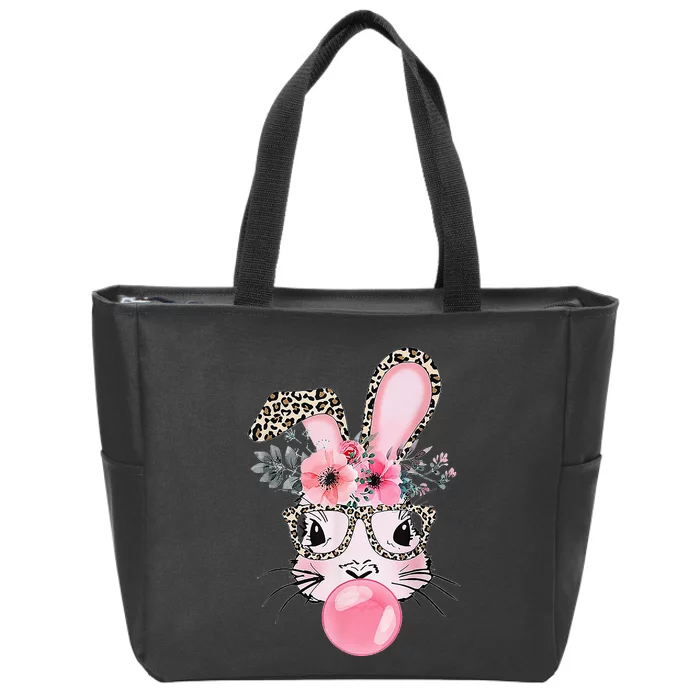 Cute Bunny With Leopard Glasses Bubblegum Easter Day Gifts Zip Tote Bag