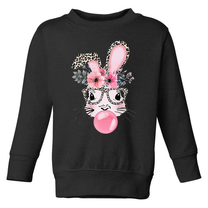 Cute Bunny With Leopard Glasses Bubblegum Easter Day Toddler Sweatshirt