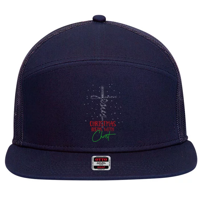 Christmas Begins With Christ Snowman Christian Religious 7 Panel Mesh Trucker Snapback Hat