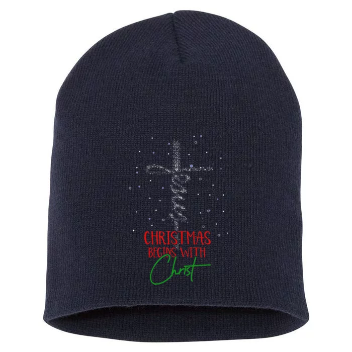 Christmas Begins With Christ Snowman Christian Religious Short Acrylic Beanie