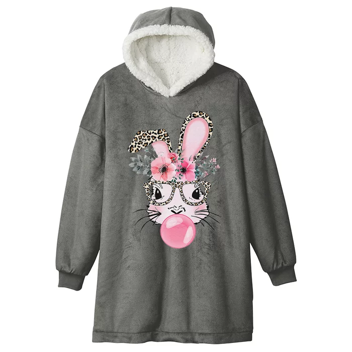 Cute Bunny With Leopard Glasses Bubblegum Easter Day Hooded Wearable Blanket