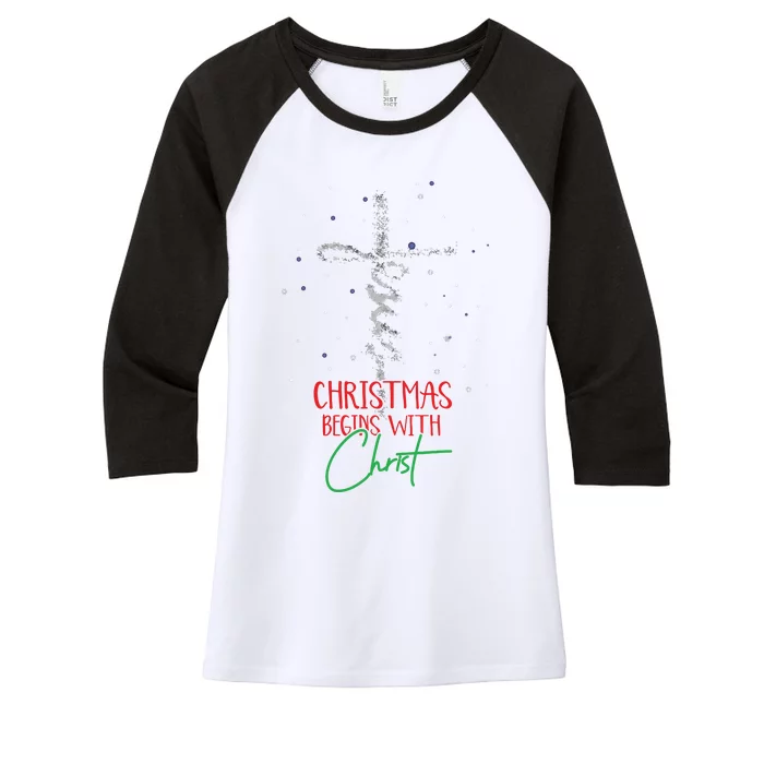 Christmas Begins With Christ Snowman Christian Religious Women's Tri-Blend 3/4-Sleeve Raglan Shirt