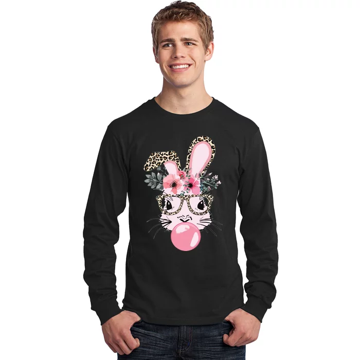 Cute Bunny With Leopard Glasses Bubblegum Easter Day Long Sleeve Shirt