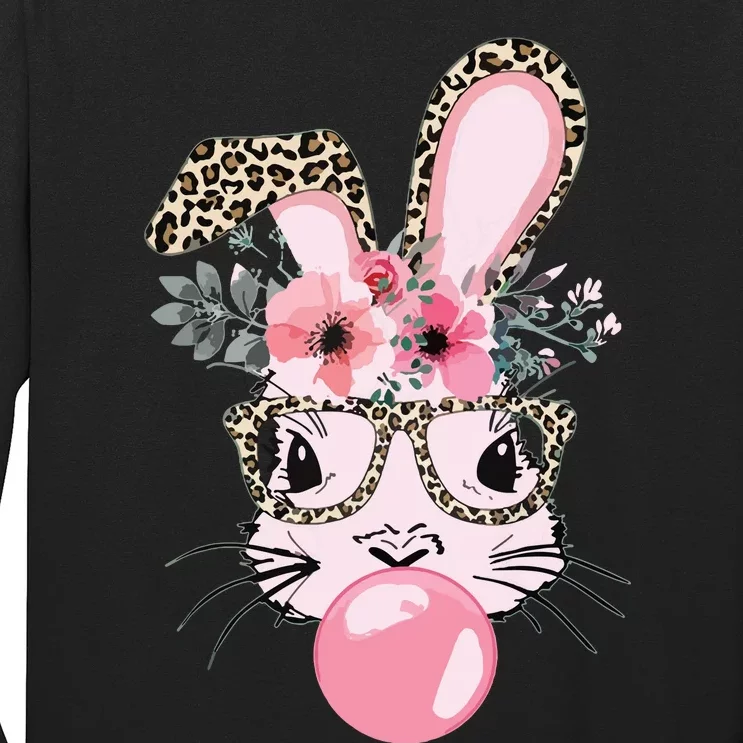 Cute Bunny With Leopard Glasses Bubblegum Easter Day Long Sleeve Shirt