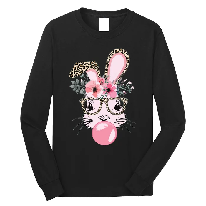 Cute Bunny With Leopard Glasses Bubblegum Easter Day Long Sleeve Shirt