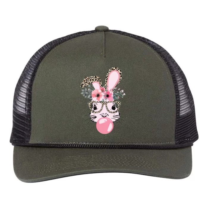 Cute Bunny With Leopard Glasses Bubblegum Easter Day Retro Rope Trucker Hat Cap