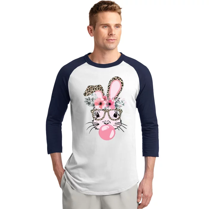 Cute Bunny With Leopard Glasses Bubblegum Easter Day Baseball Sleeve Shirt