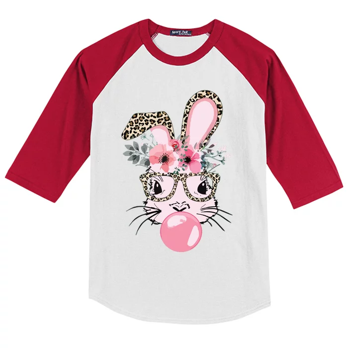 Cute Bunny With Leopard Glasses Bubblegum Easter Day Kids Colorblock Raglan Jersey