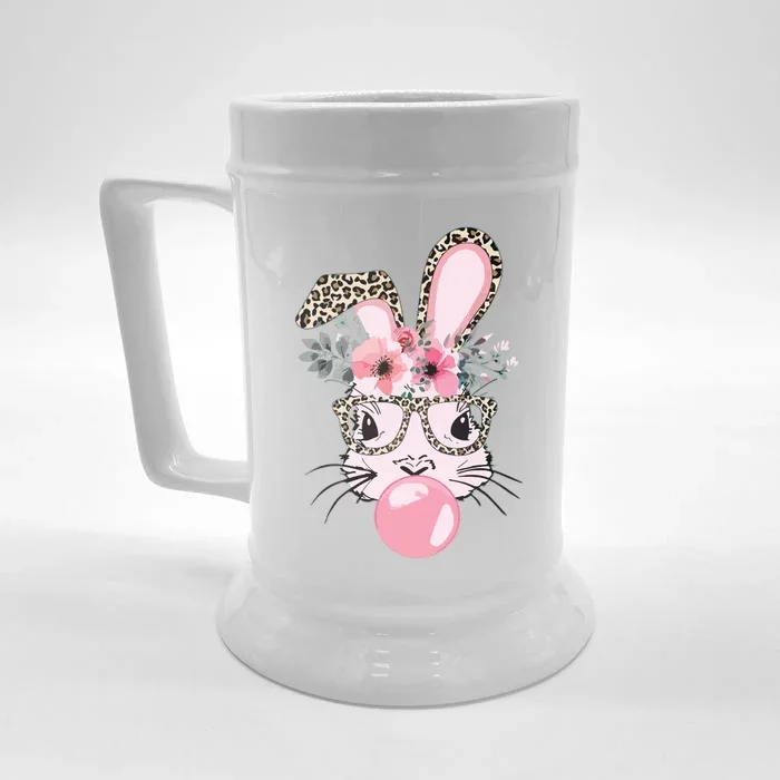 Cute Bunny With Leopard Glasses Bubblegum Easter Day Front & Back Beer Stein