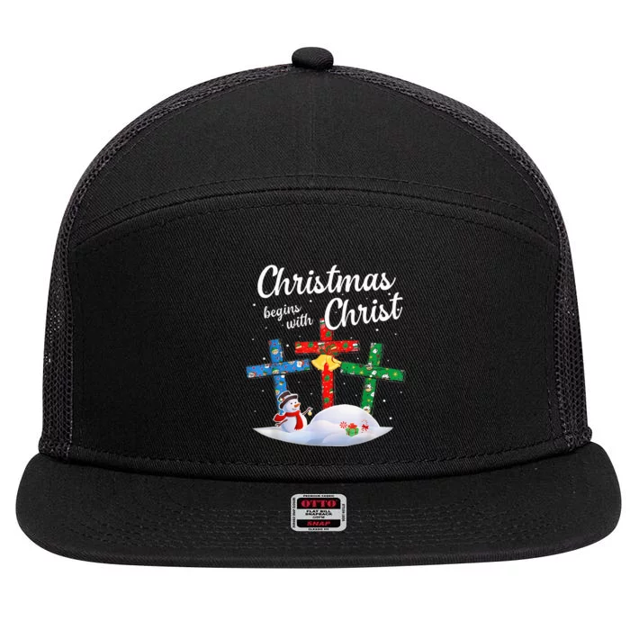 Christmas Begins With Christ Snowman Christian Cross Xmas 7 Panel Mesh Trucker Snapback Hat