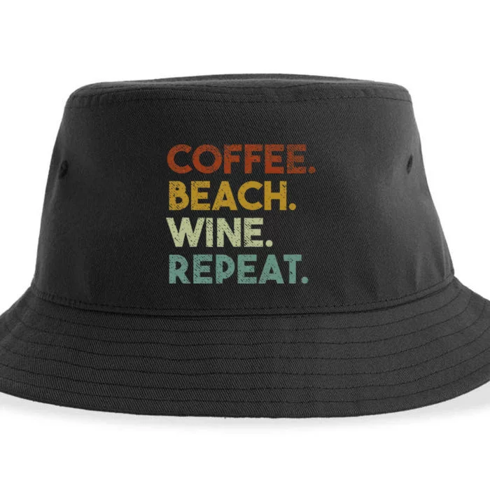 Coffee Beach Wine Repeat Funny Retro Beach Sustainable Bucket Hat