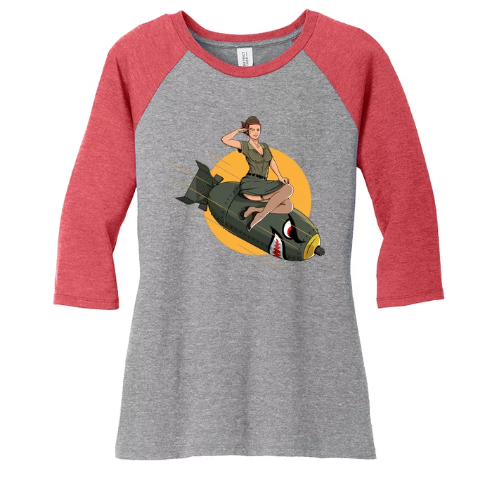 Cherry Bomb WW2 Pin Up Girl Women's Tri-Blend 3/4-Sleeve Raglan Shirt