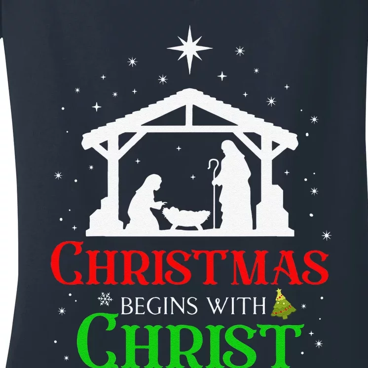 Christmas Begins With Christ Jesus Cross Christian Xmas Women's V-Neck T-Shirt