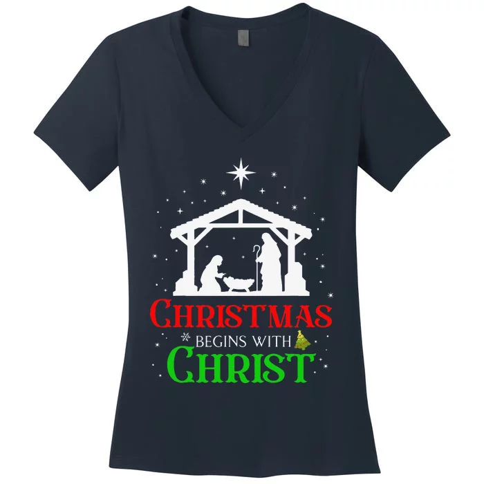 Christmas Begins With Christ Jesus Cross Christian Xmas Women's V-Neck T-Shirt