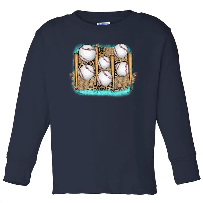 Cool Baseball With Bat On Leopard Print Toddler Long Sleeve Shirt