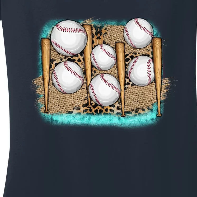 Cool Baseball With Bat On Leopard Print Women's V-Neck T-Shirt