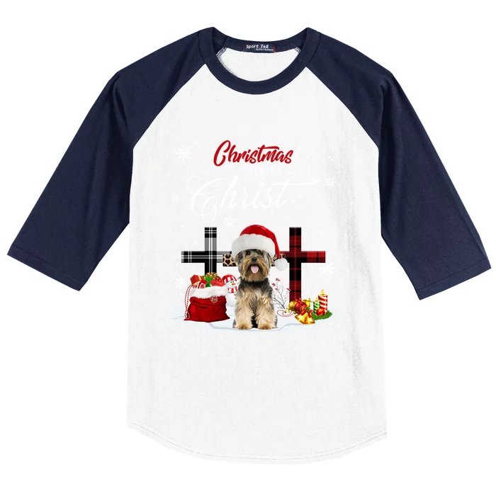 Christmas Begins With Christ Yorkie Christmas Cross Funny Gift Baseball Sleeve Shirt