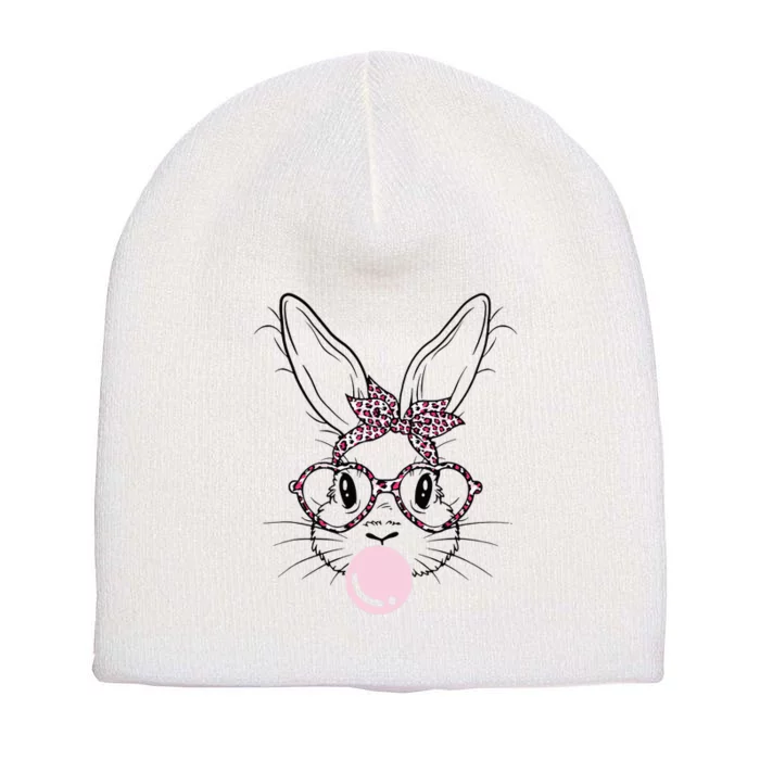 Cute Bunny With Leopard Glasses Bubblegum Easter Short Acrylic Beanie