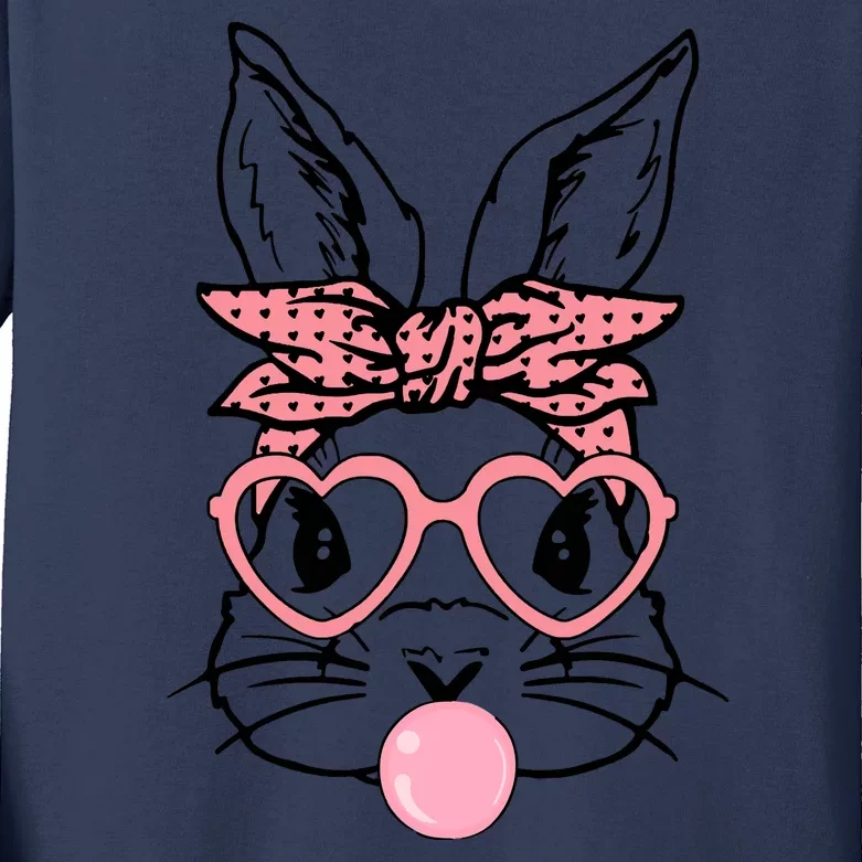 Cute Bunny With Bandana Heart Glasses Bubblegum Easter Day Kids Long Sleeve Shirt