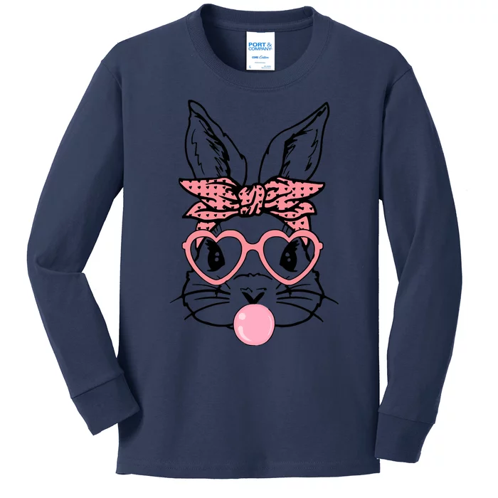 Cute Bunny With Bandana Heart Glasses Bubblegum Easter Day Kids Long Sleeve Shirt