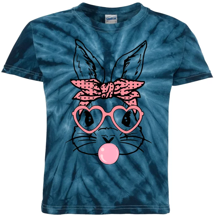 Cute Bunny With Bandana Heart Glasses Bubblegum Easter Day Kids Tie-Dye T-Shirt