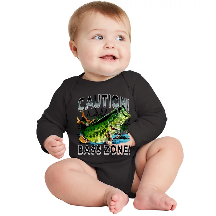 Caution Bass Zone Funny Fishing Baby Long Sleeve Bodysuit