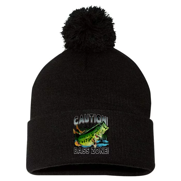 Caution Bass Zone Funny Fishing Pom Pom 12in Knit Beanie