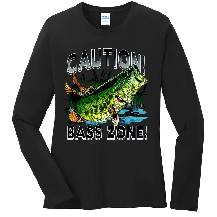 Caution Bass Zone Funny Fishing Ladies Long Sleeve Shirt