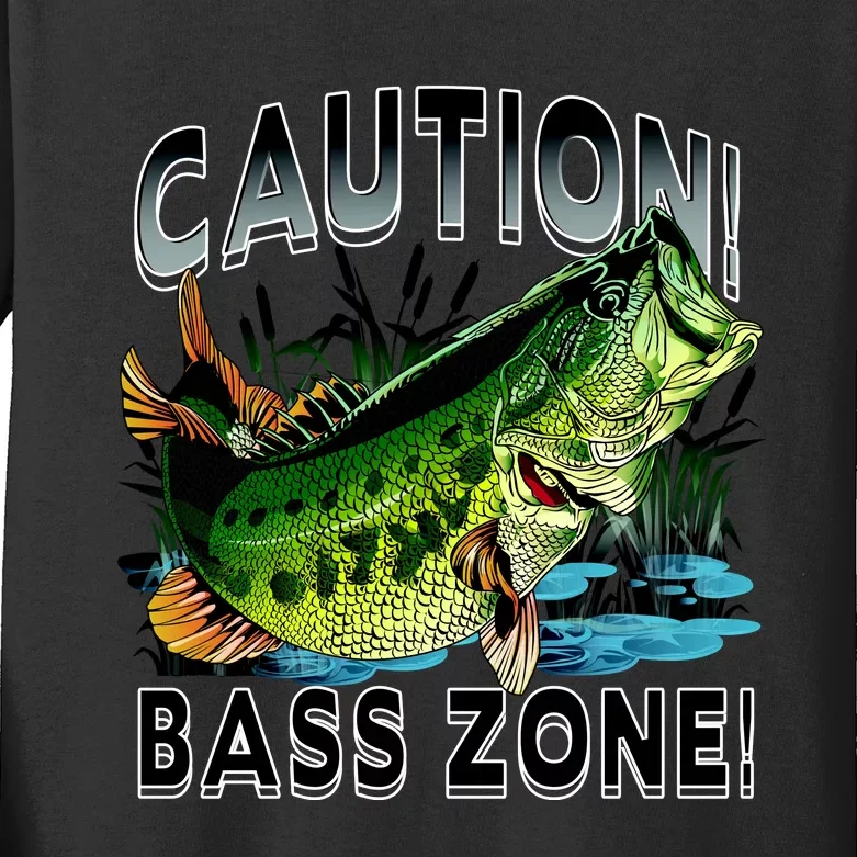 Caution Bass Zone Funny Fishing Kids Long Sleeve Shirt