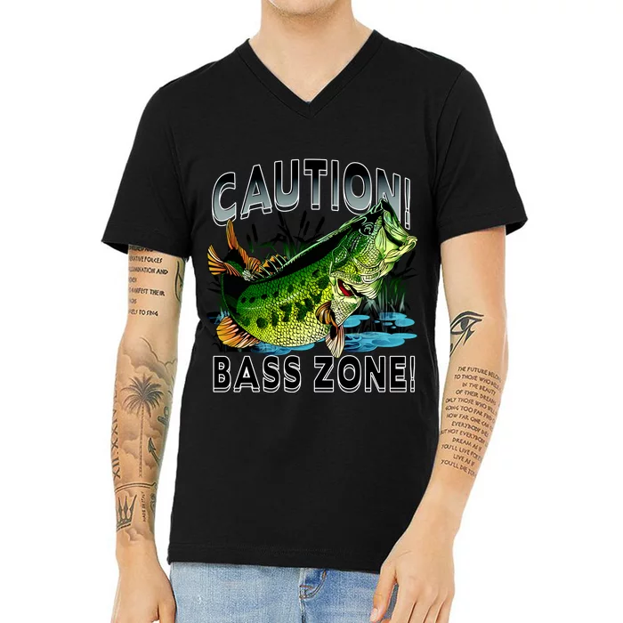 Caution Bass Zone Fishing V-Neck T-Shirt