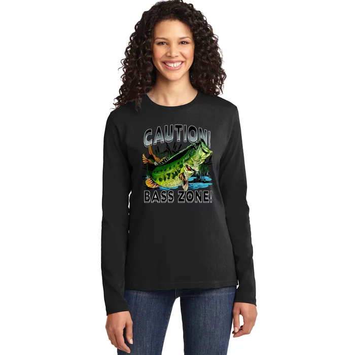 Caution Bass Zone Fishing Ladies Long Sleeve Shirt