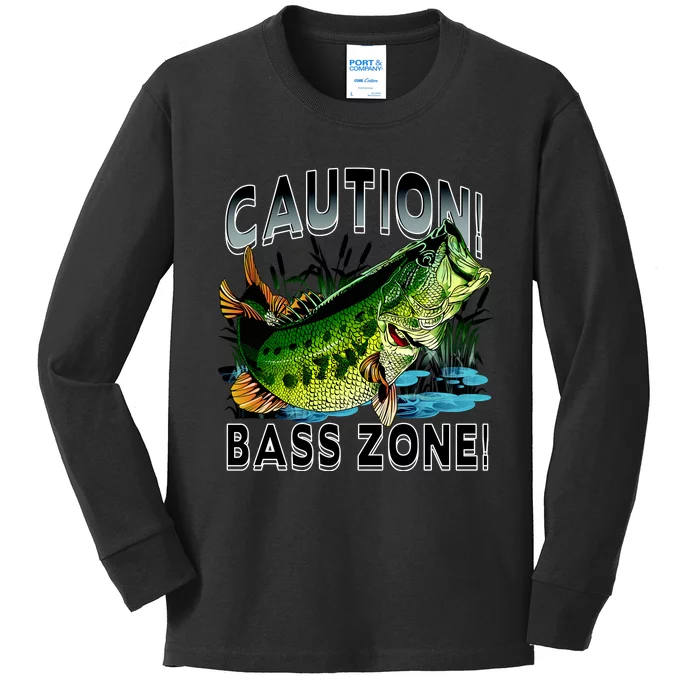 Caution Bass Zone Fishing Kids Long Sleeve Shirt