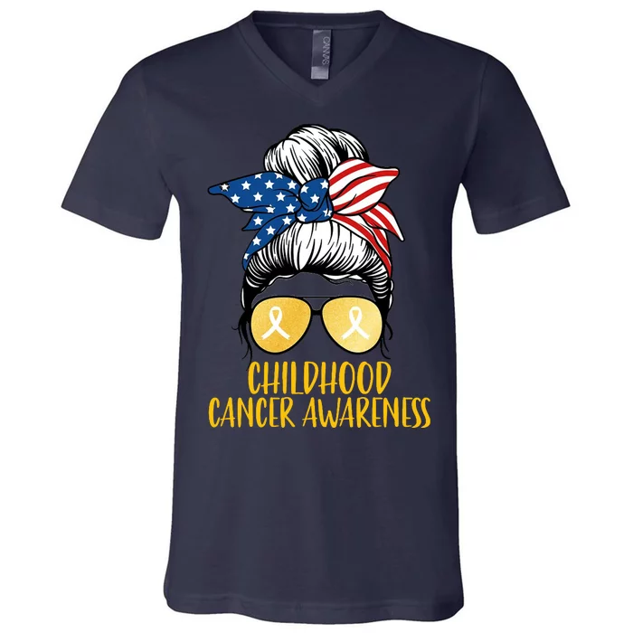 Childhood Cancer Awareness Gold Ribbon Messy Bun V-Neck T-Shirt