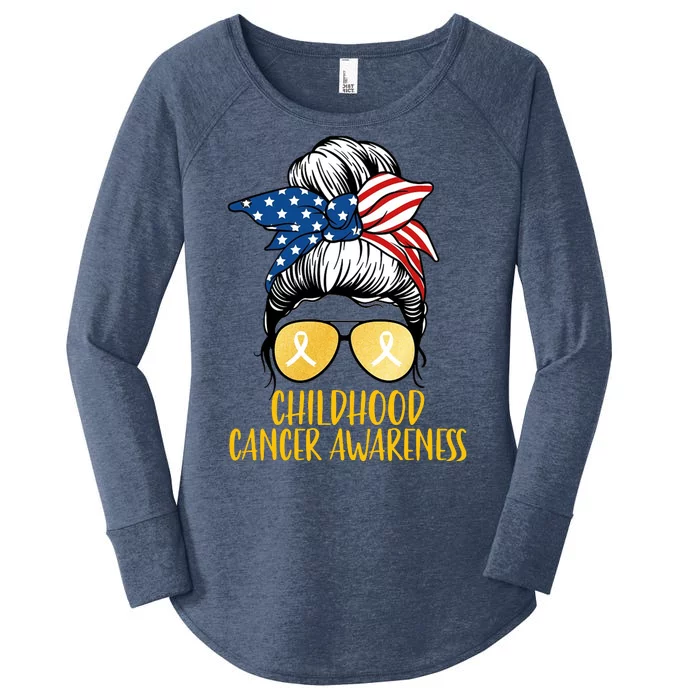 Childhood Cancer Awareness Gold Ribbon Messy Bun Women's Perfect Tri Tunic Long Sleeve Shirt