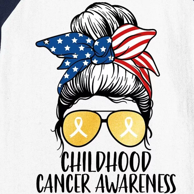 Childhood Cancer Awareness Gold Ribbon Messy Bun Baseball Sleeve Shirt