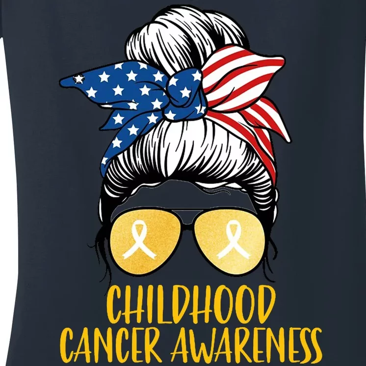 Childhood Cancer Awareness Gold Ribbon Messy Bun Women's V-Neck T-Shirt