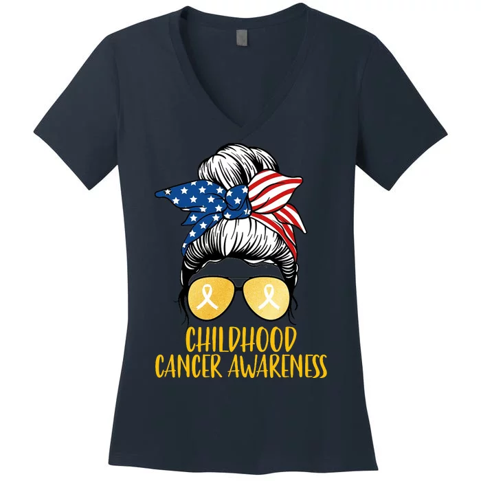 Childhood Cancer Awareness Gold Ribbon Messy Bun Women's V-Neck T-Shirt