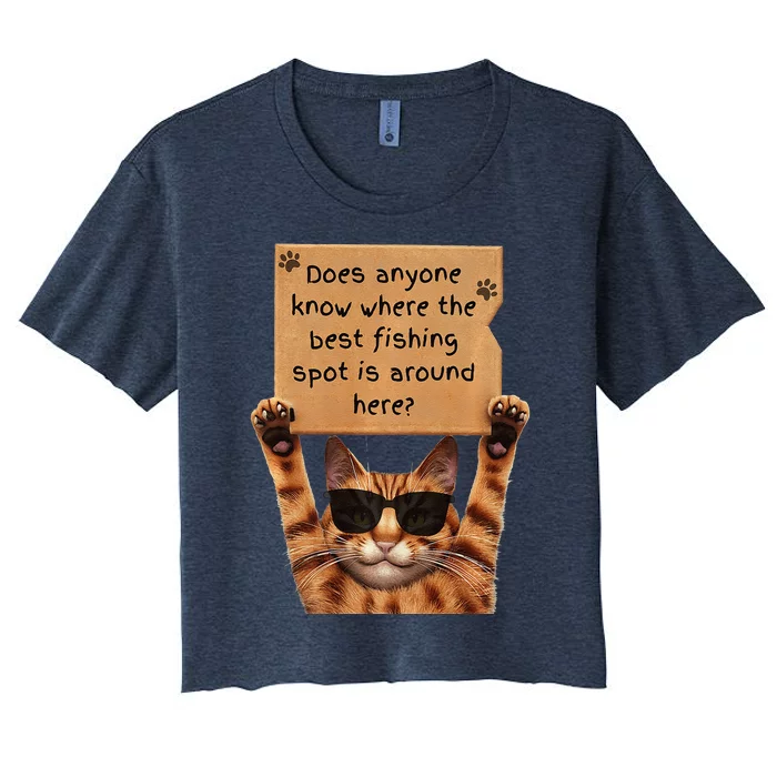 Cool Cat Asking For Fishing Spots Premium Women's Crop Top Tee