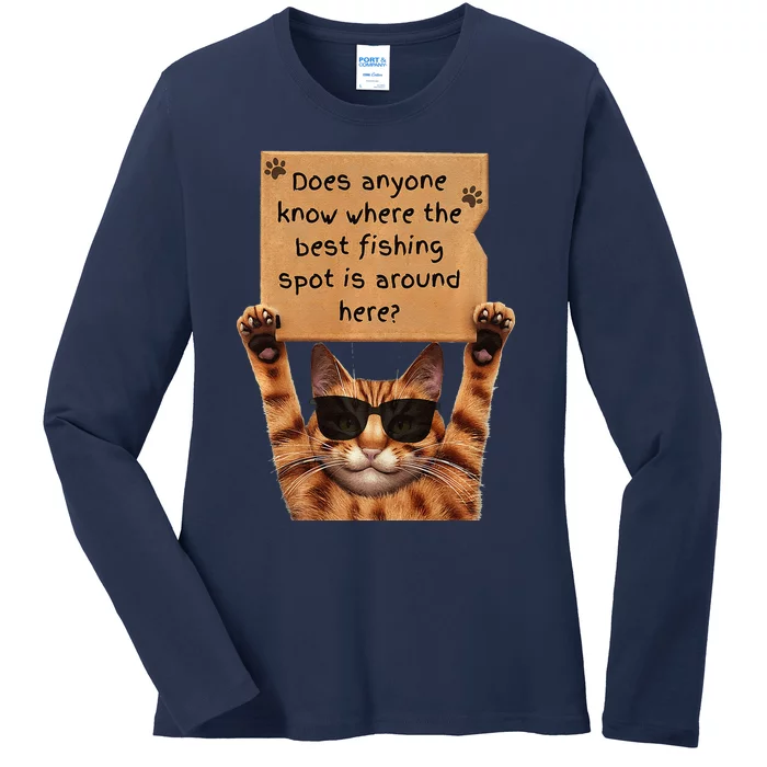 Cool Cat Asking For Fishing Spots Premium Ladies Long Sleeve Shirt