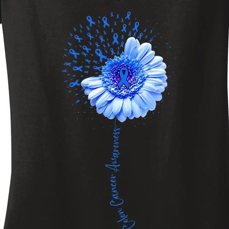 Colon Cancer Awareness Flower Survivor Fighter Women's V-Neck T-Shirt