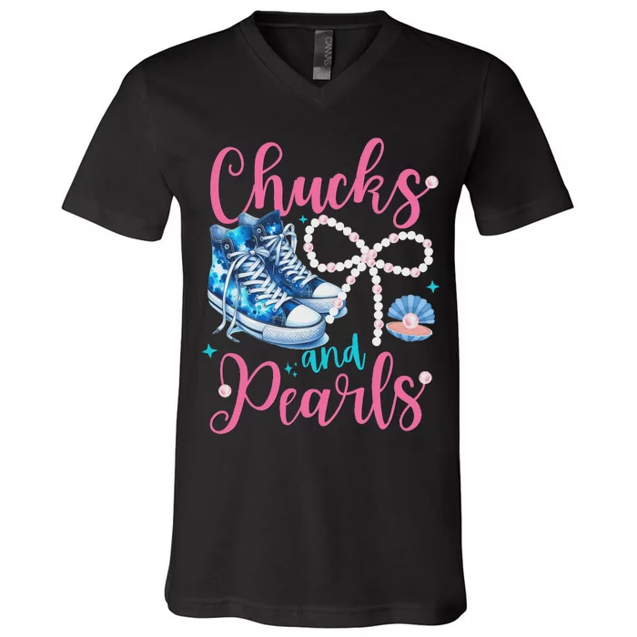 Cute Chucks And Pearls Black History Proud Women Mother Girl V-Neck T-Shirt