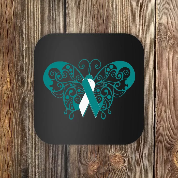 Cervical Cancer Awareness Support TealWhite Ribbon Coaster