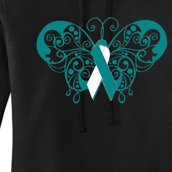 Cervical Cancer Awareness Support TealWhite Ribbon Women's Pullover Hoodie