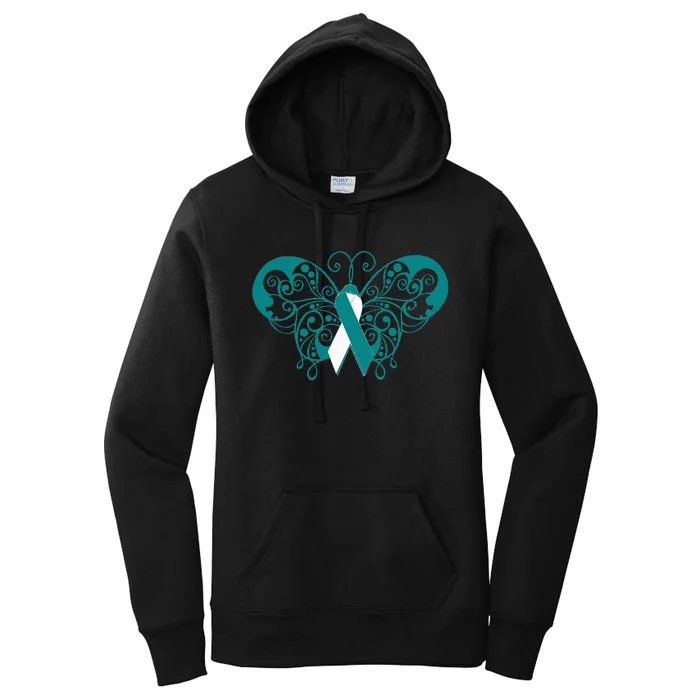 Cervical Cancer Awareness Support TealWhite Ribbon Women's Pullover Hoodie