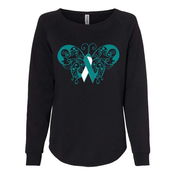 Cervical Cancer Awareness Support TealWhite Ribbon Womens California Wash Sweatshirt