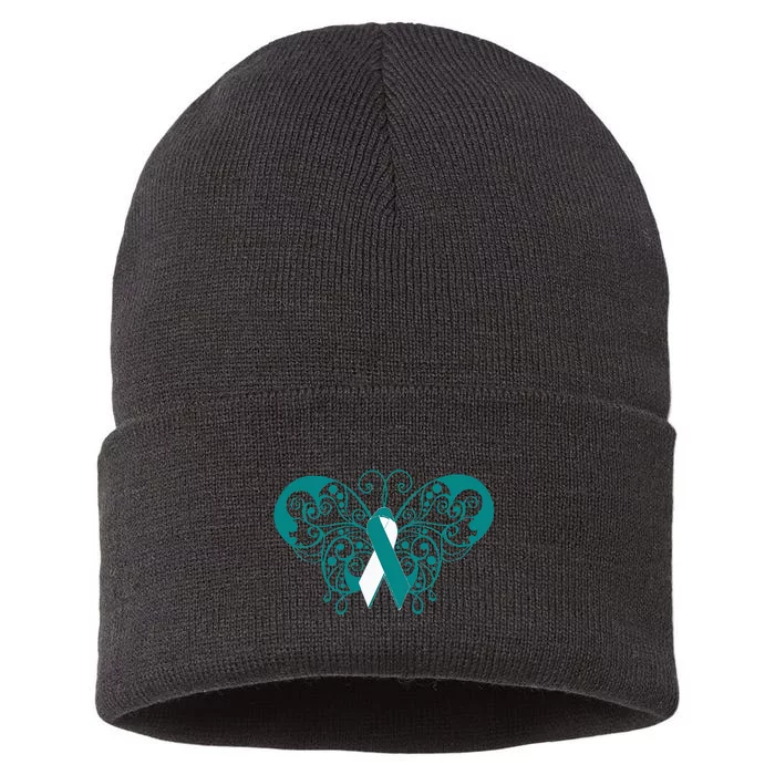 Cervical Cancer Awareness Support TealWhite Ribbon Sustainable Knit Beanie